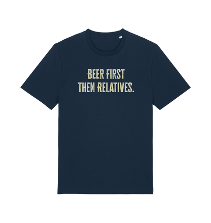 navy funny slogan t-shirt with 'beer first then relatives'