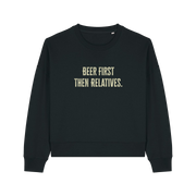 black christmas sweater with the slogan 'beer first then relatives'