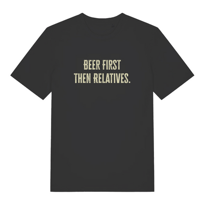 black women's christmas slogan t-shirt with the text 'beer first then relatives'