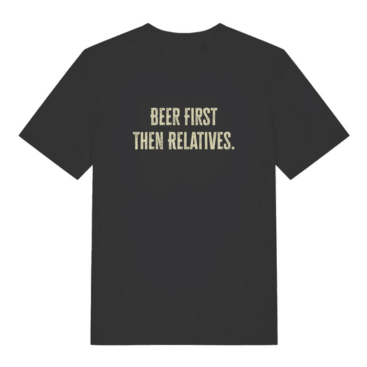 black women's christmas slogan t-shirt with the text 'beer first then relatives'