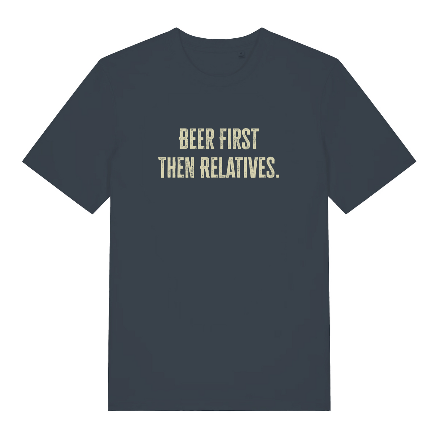 ink grey women's christmas slogan t-shirt with the text 'beer first then relatives'