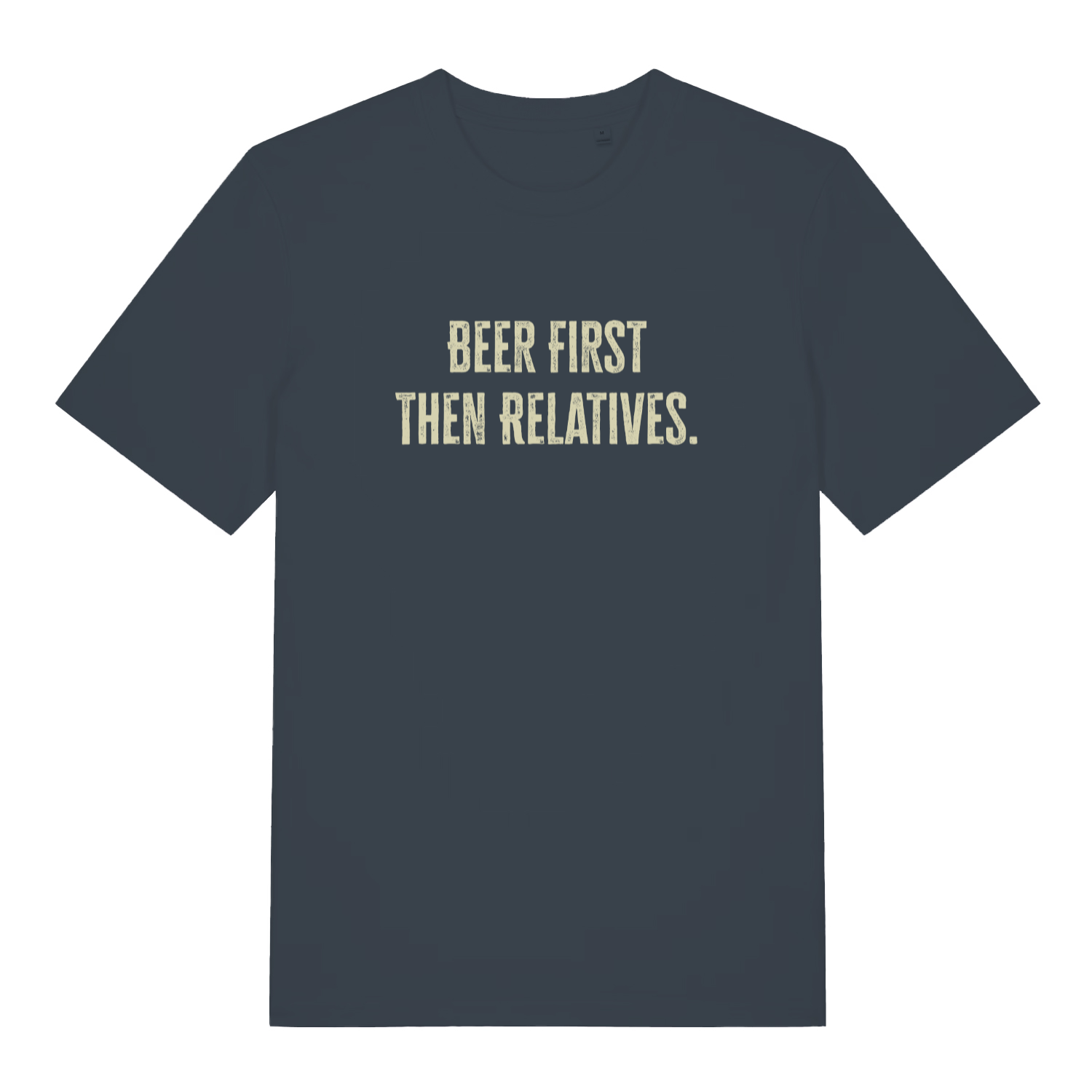 ink grey women's christmas slogan t-shirt with the text 'beer first then relatives'