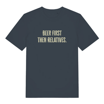 ink grey women's christmas slogan t-shirt with the text 'beer first then relatives'