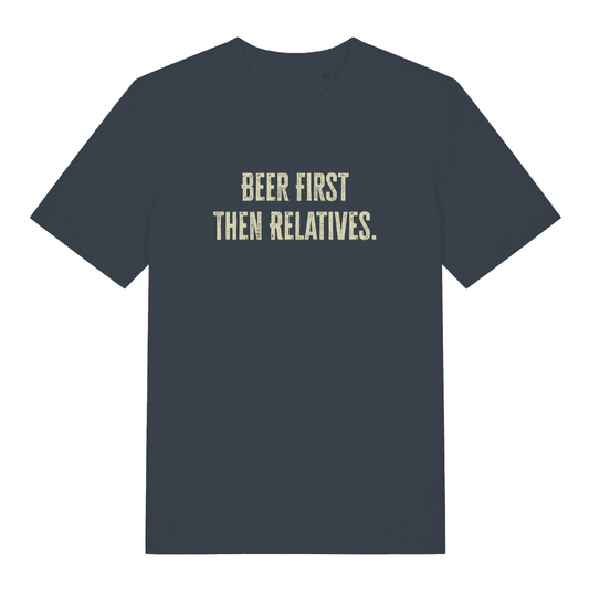 ink grey women's christmas slogan t-shirt with the text 'beer first then relatives'