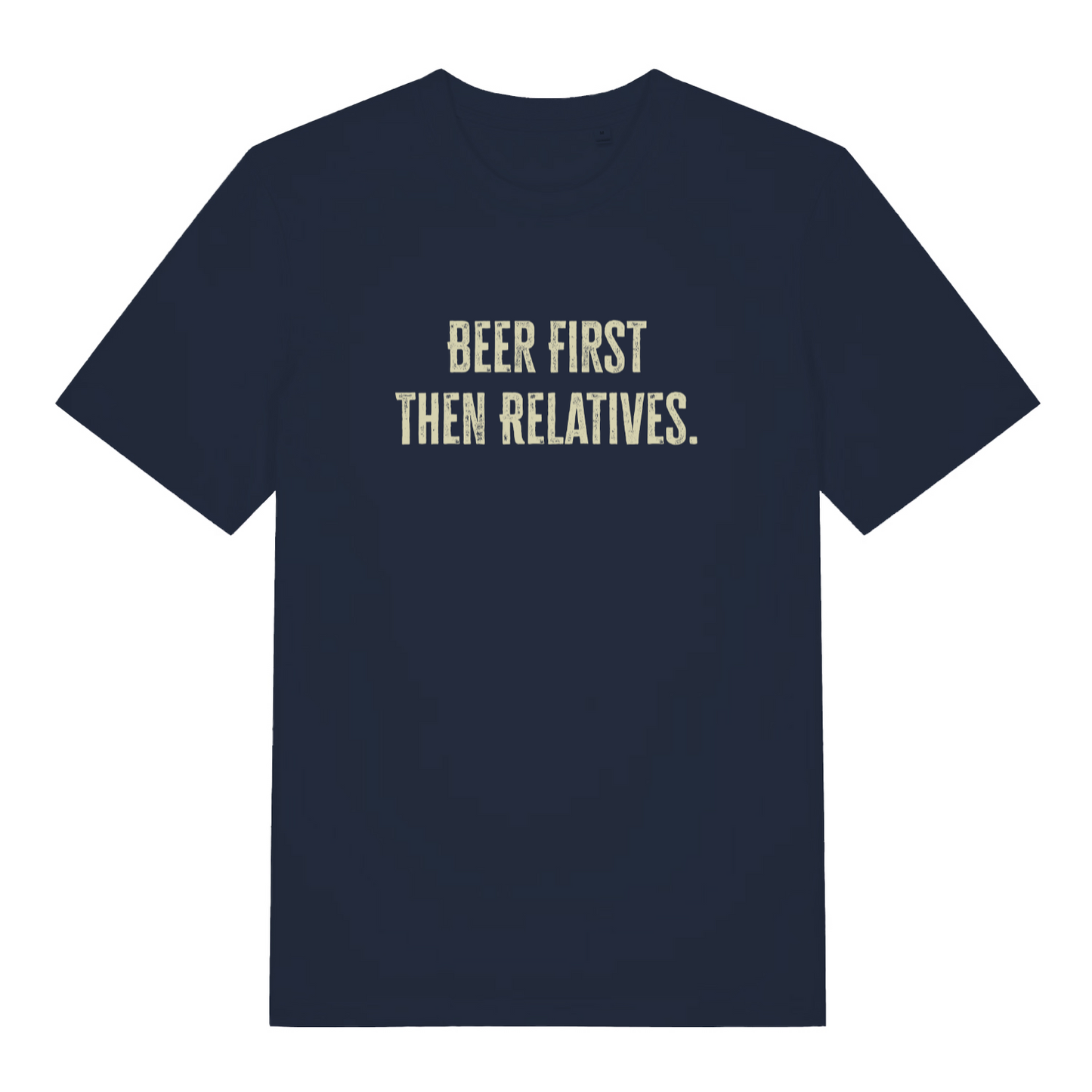 navy women's christmas slogan t-shirt with the text 'beer first then relatives'