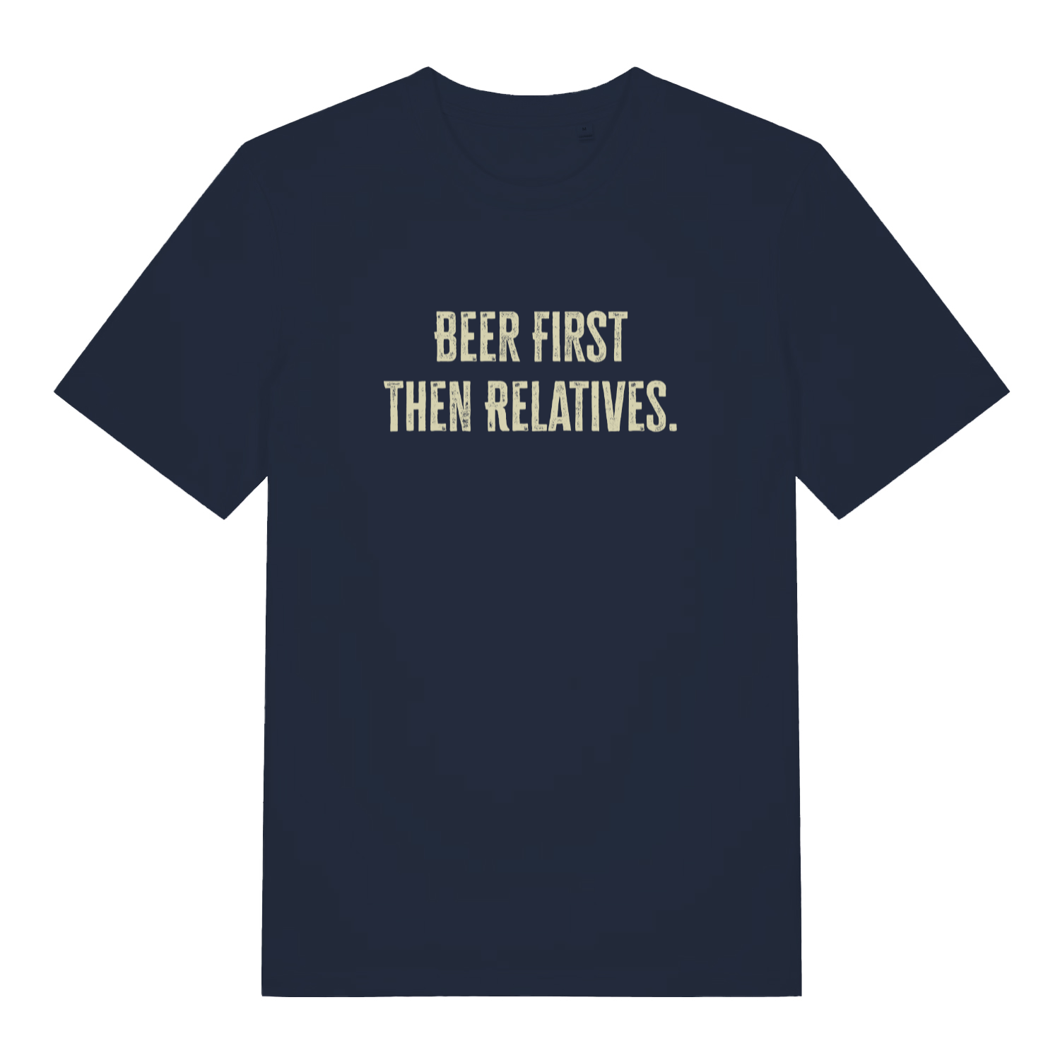 navy women's christmas slogan t-shirt with the text 'beer first then relatives'