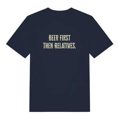 navy women's christmas slogan t-shirt with the text 'beer first then relatives'