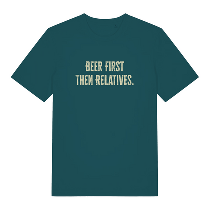 teal women's christmas slogan t-shirt with the text 'beer first then relatives'
