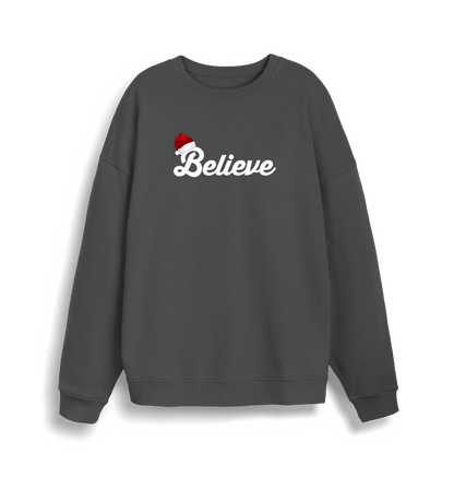 grey christmas sweate with the slogan 'believe' and a santa hat on top of the b