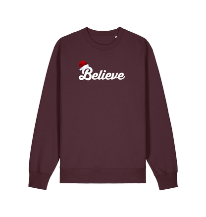 red brown christmas sweate with the slogan 'believe' and a santa hat on top of the b