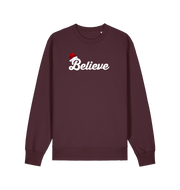 red brown christmas sweate with the slogan 'believe' and a santa hat on top of the b