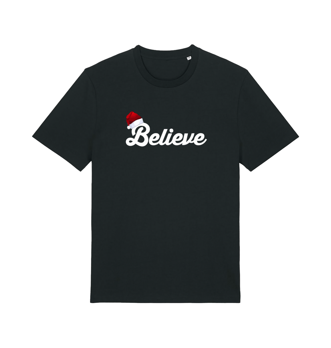 black christmas t-shirt with the slogan 'believe' and a santa hat on the b