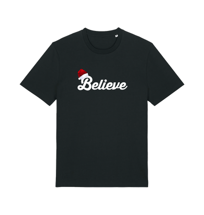 black christmas t-shirt with the slogan 'believe' and a santa hat on the b