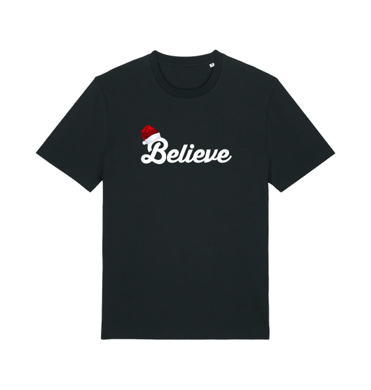 black christmas t-shirt with the slogan 'believe' and a santa hat on the b