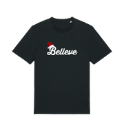 black christmas t-shirt with the slogan 'believe' and a santa hat on the b