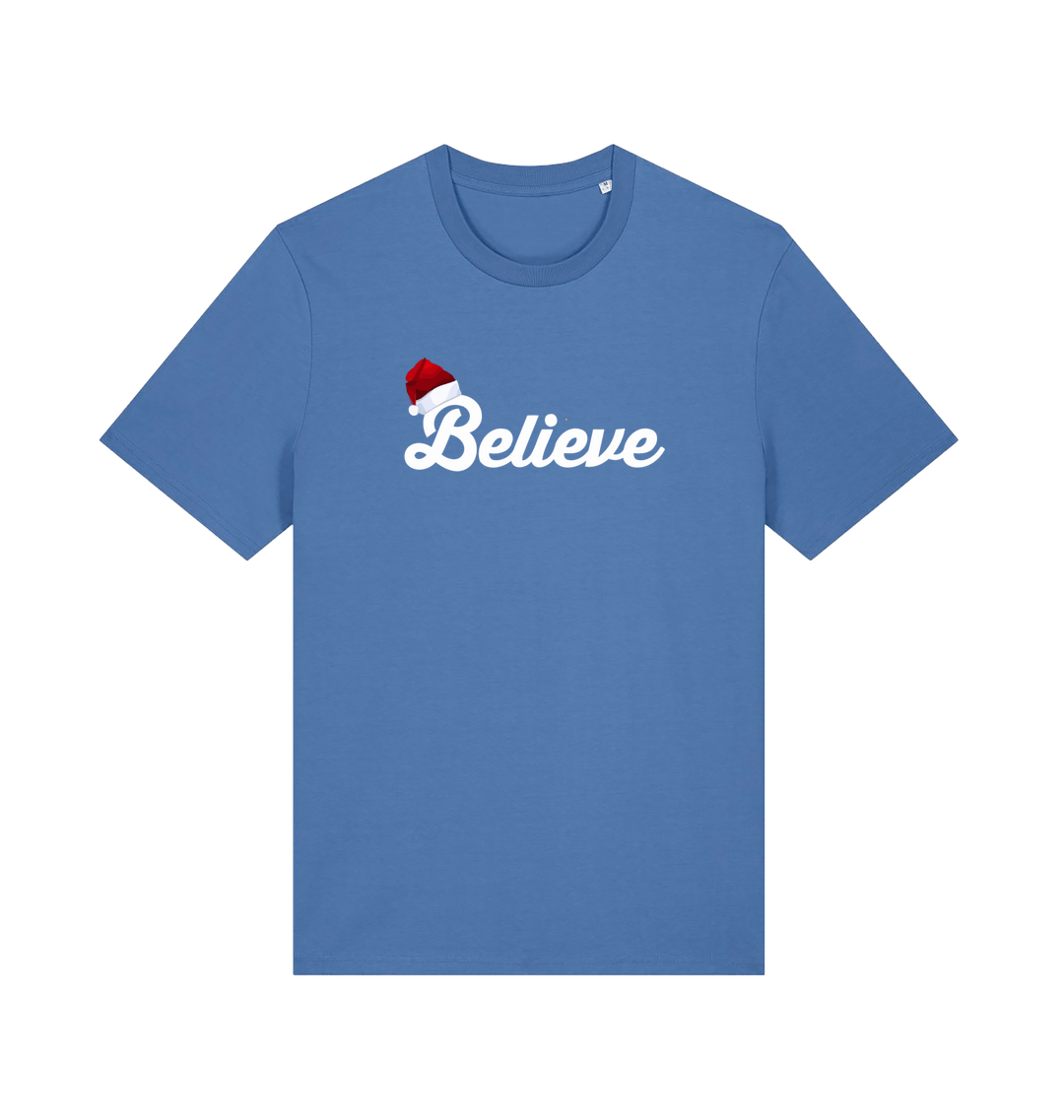 blue christmas t-shirt with the slogan 'believe' and a santa hat on the b