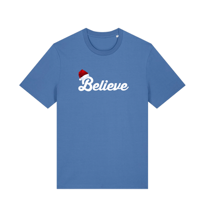 blue christmas t-shirt with the slogan 'believe' and a santa hat on the b
