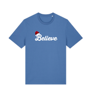 blue christmas t-shirt with the slogan 'believe' and a santa hat on the b