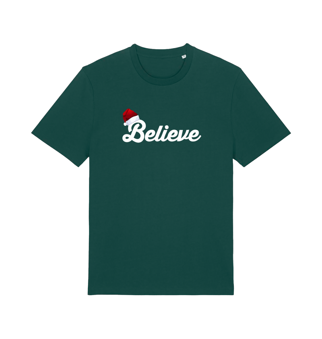 green christmas t-shirt with the slogan 'believe' and a santa hat on the b