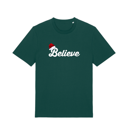 green christmas t-shirt with the slogan 'believe' and a santa hat on the b