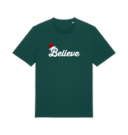 green christmas t-shirt with the slogan 'believe' and a santa hat on the b