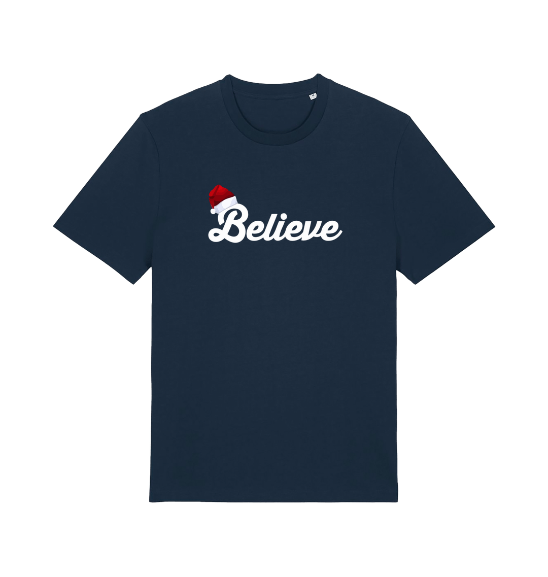 navy christmas t-shirt with the slogan 'believe' and a santa hat on the b