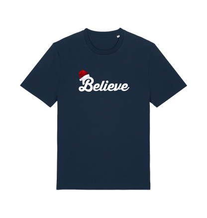 navy christmas t-shirt with the slogan 'believe' and a santa hat on the b