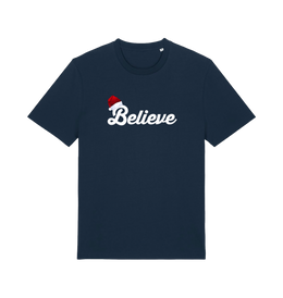 navy christmas t-shirt with the slogan 'believe' and a santa hat on the b