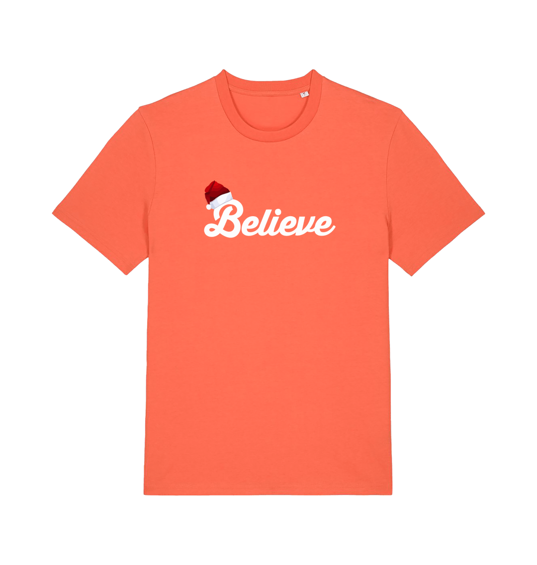 orange christmas t-shirt with the slogan 'believe' and a santa hat on the b