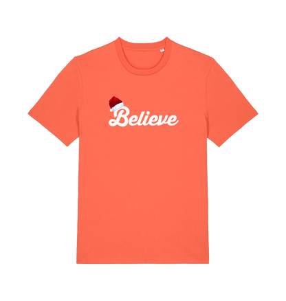 orange christmas t-shirt with the slogan 'believe' and a santa hat on the b