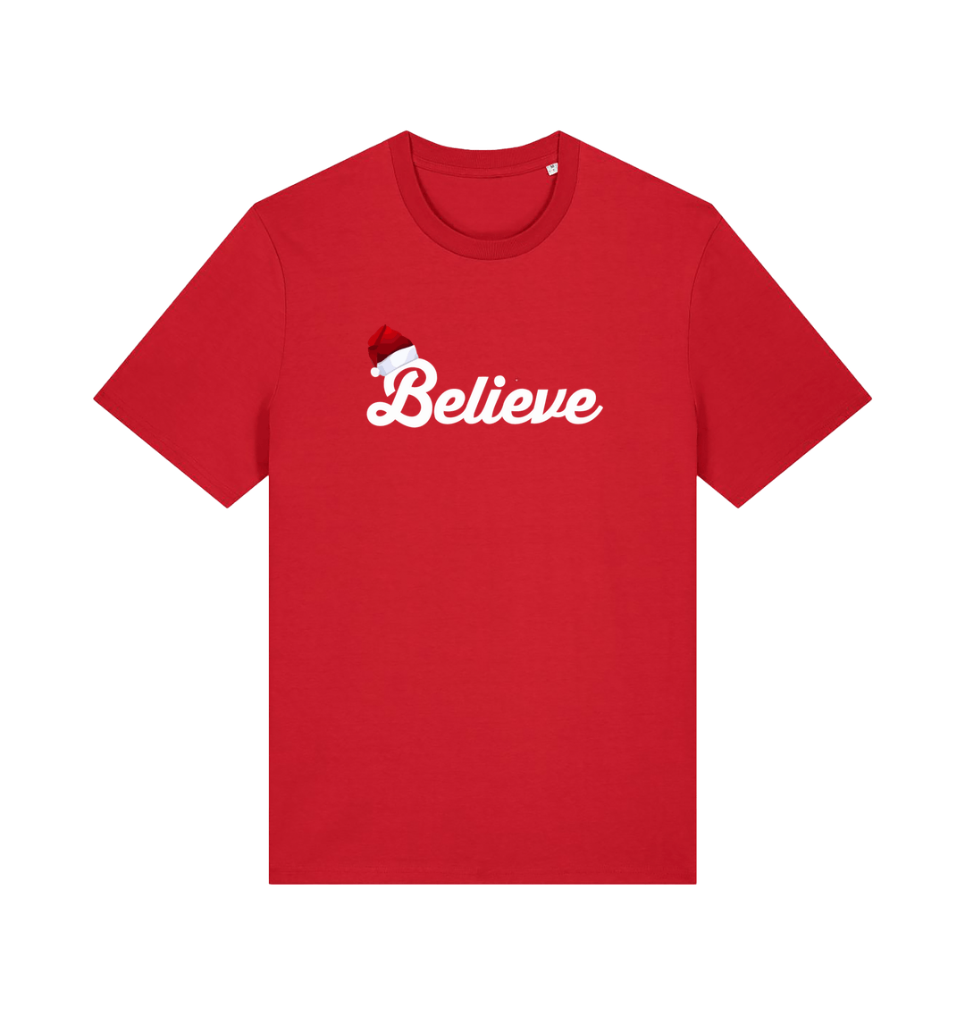 red christmas t-shirt with the slogan 'believe' and a santa hat on the b