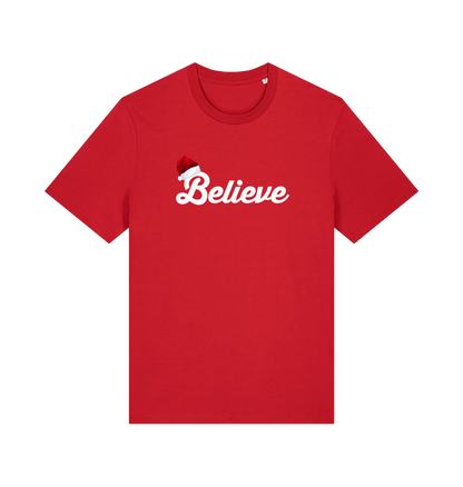 red christmas t-shirt with the slogan 'believe' and a santa hat on the b