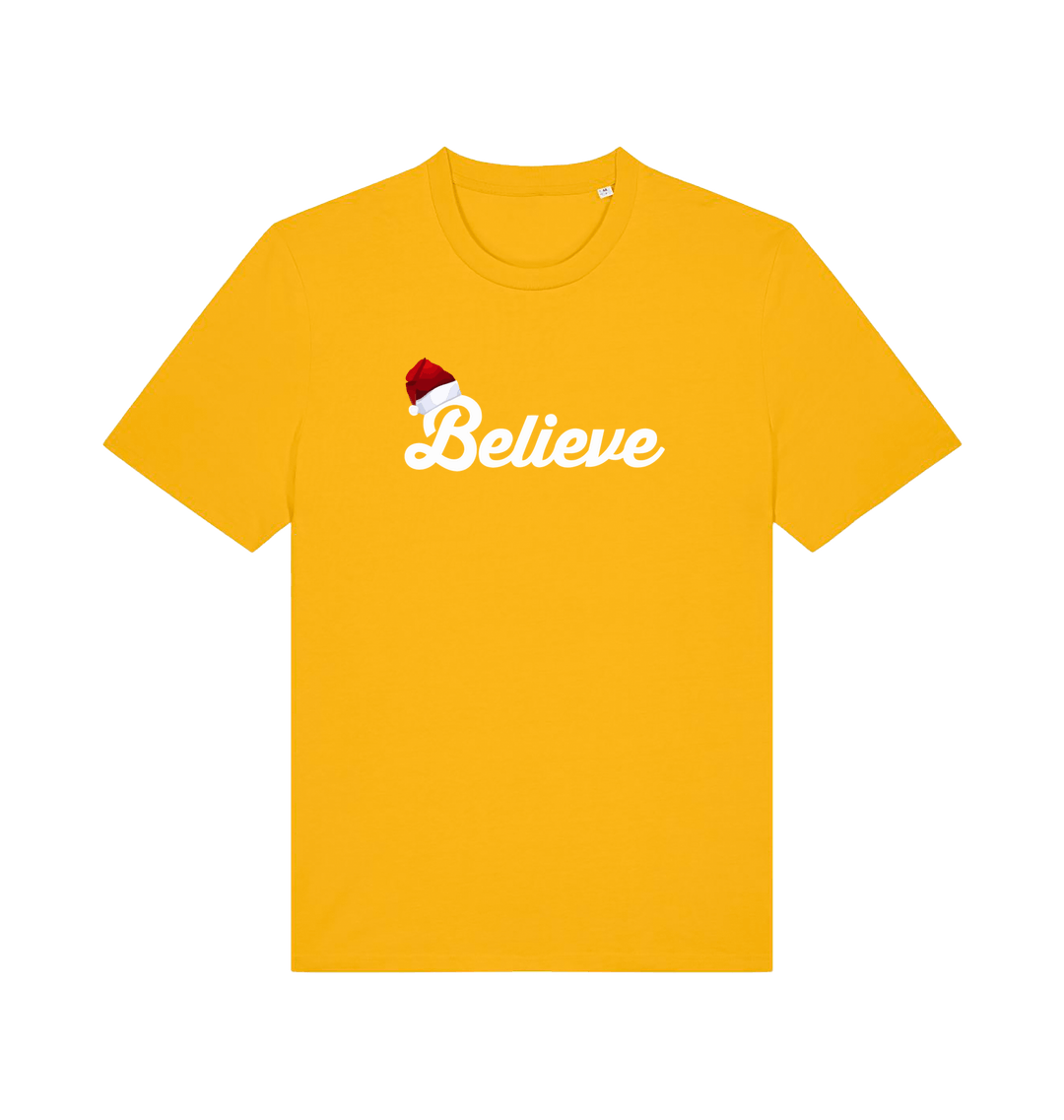 yellow christmas t-shirt with the slogan 'believe' and a santa hat on the b