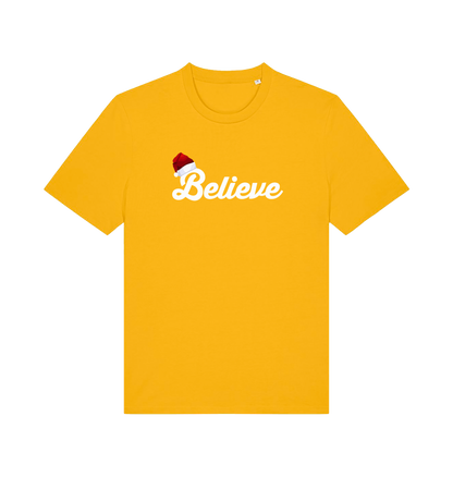 yellow christmas t-shirt with the slogan 'believe' and a santa hat on the b