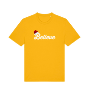 yellow christmas t-shirt with the slogan 'believe' and a santa hat on the b