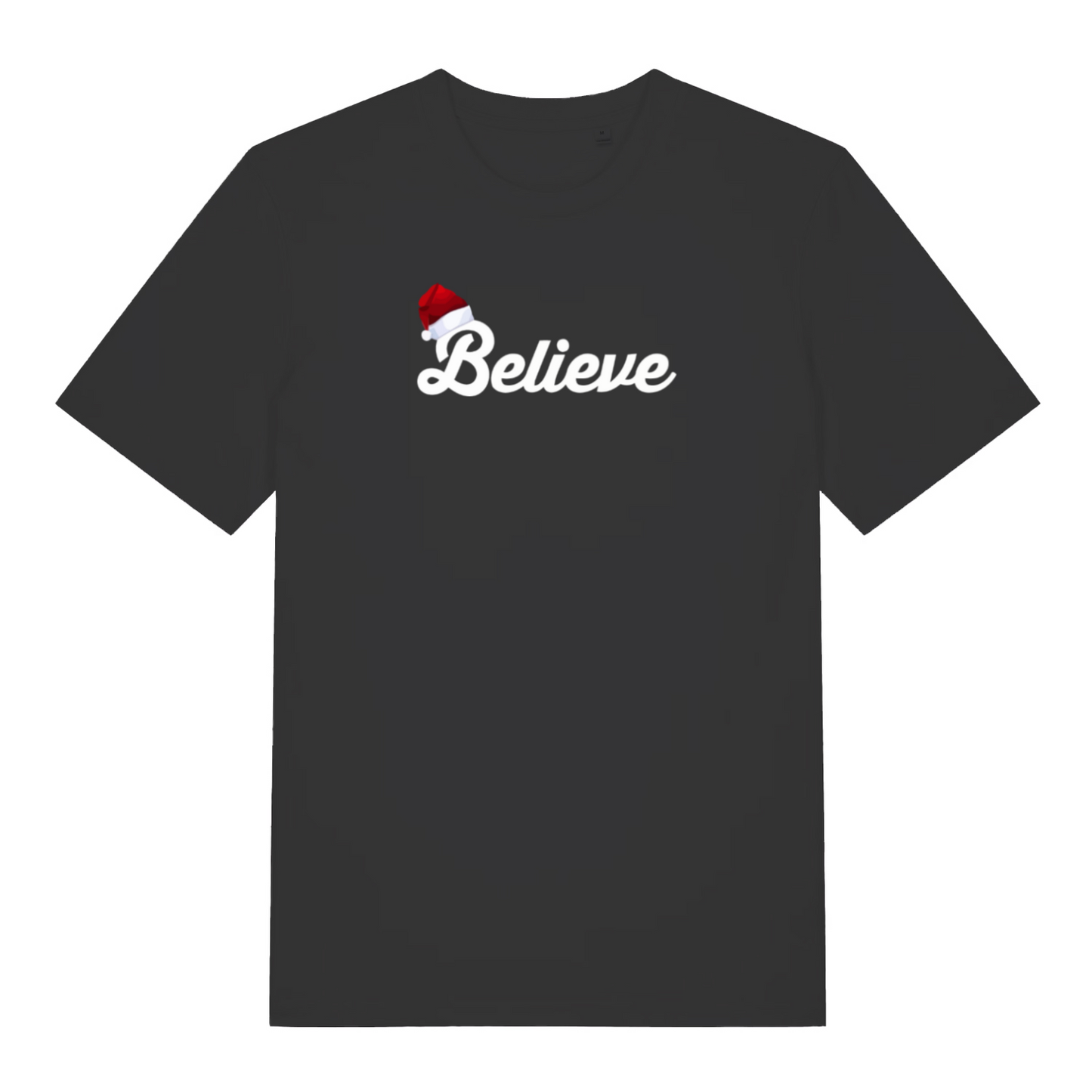black christmas t-shirt with the word 'believe' and a santa hat ontop of the B