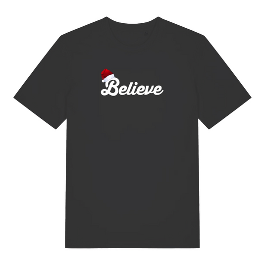 black christmas t-shirt with the word 'believe' and a santa hat ontop of the B
