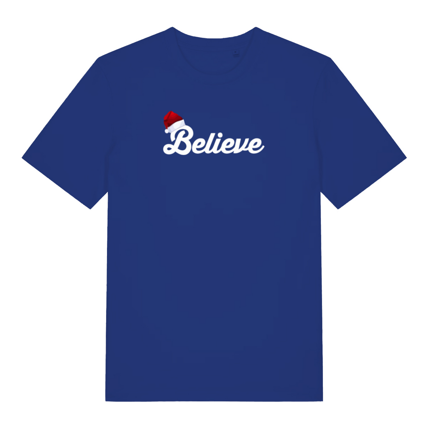 blue christmas t-shirt with the word 'believe' and a santa hat ontop of the B