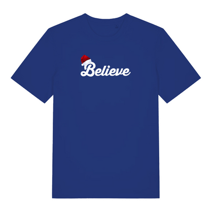 blue christmas t-shirt with the word 'believe' and a santa hat ontop of the B