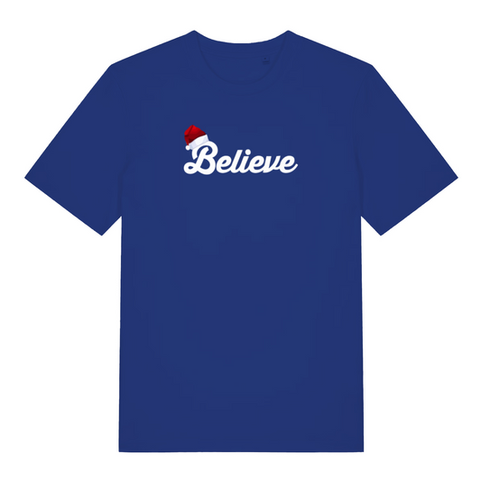 blue christmas t-shirt with the word 'believe' and a santa hat ontop of the B