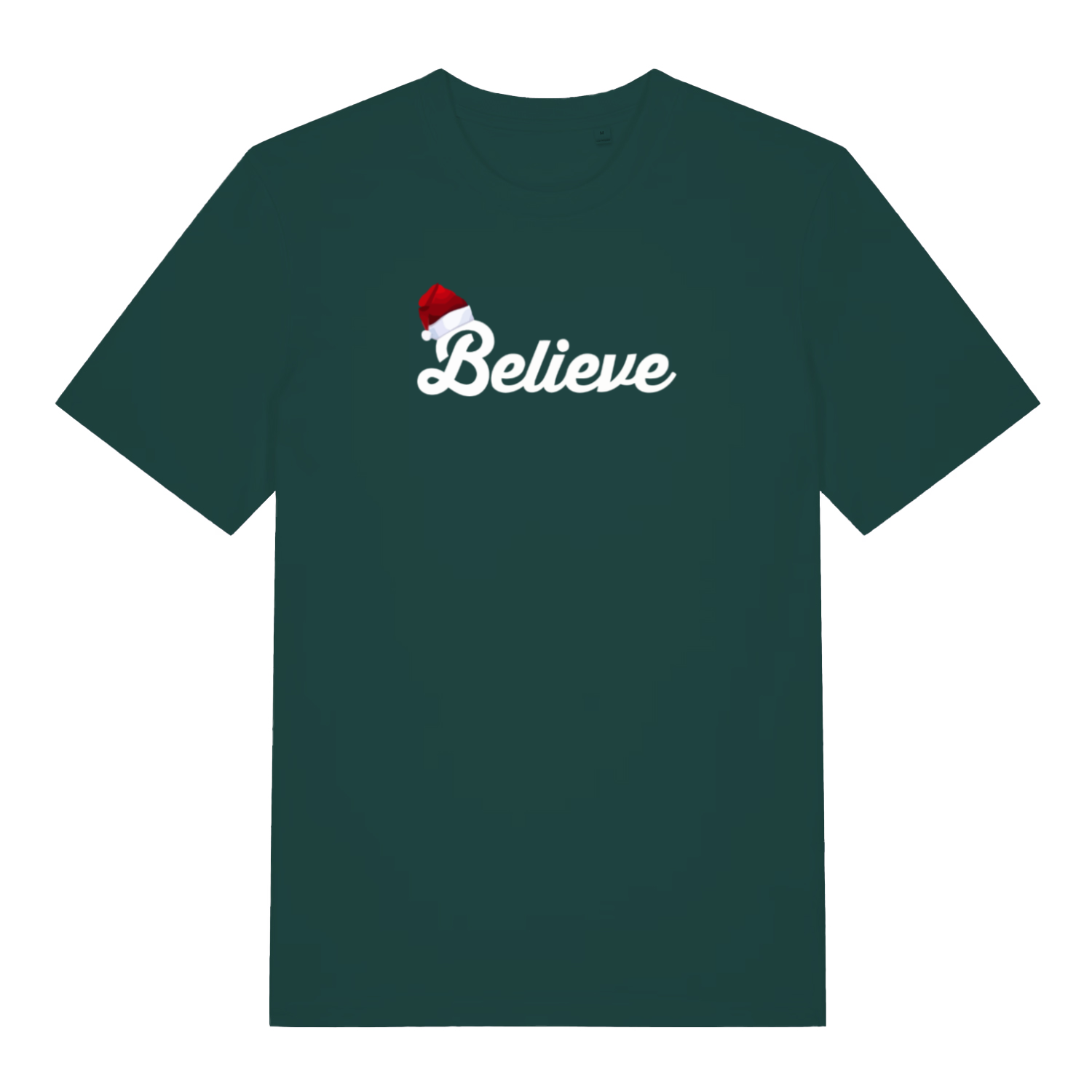 green christmas t-shirt with the word 'believe' and a santa hat ontop of the B