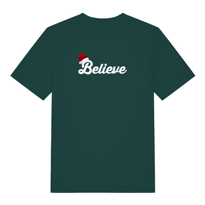 green christmas t-shirt with the word 'believe' and a santa hat ontop of the B