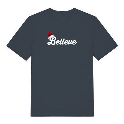 ink grey christmas t-shirt with the word 'believe' and a santa hat ontop of the B