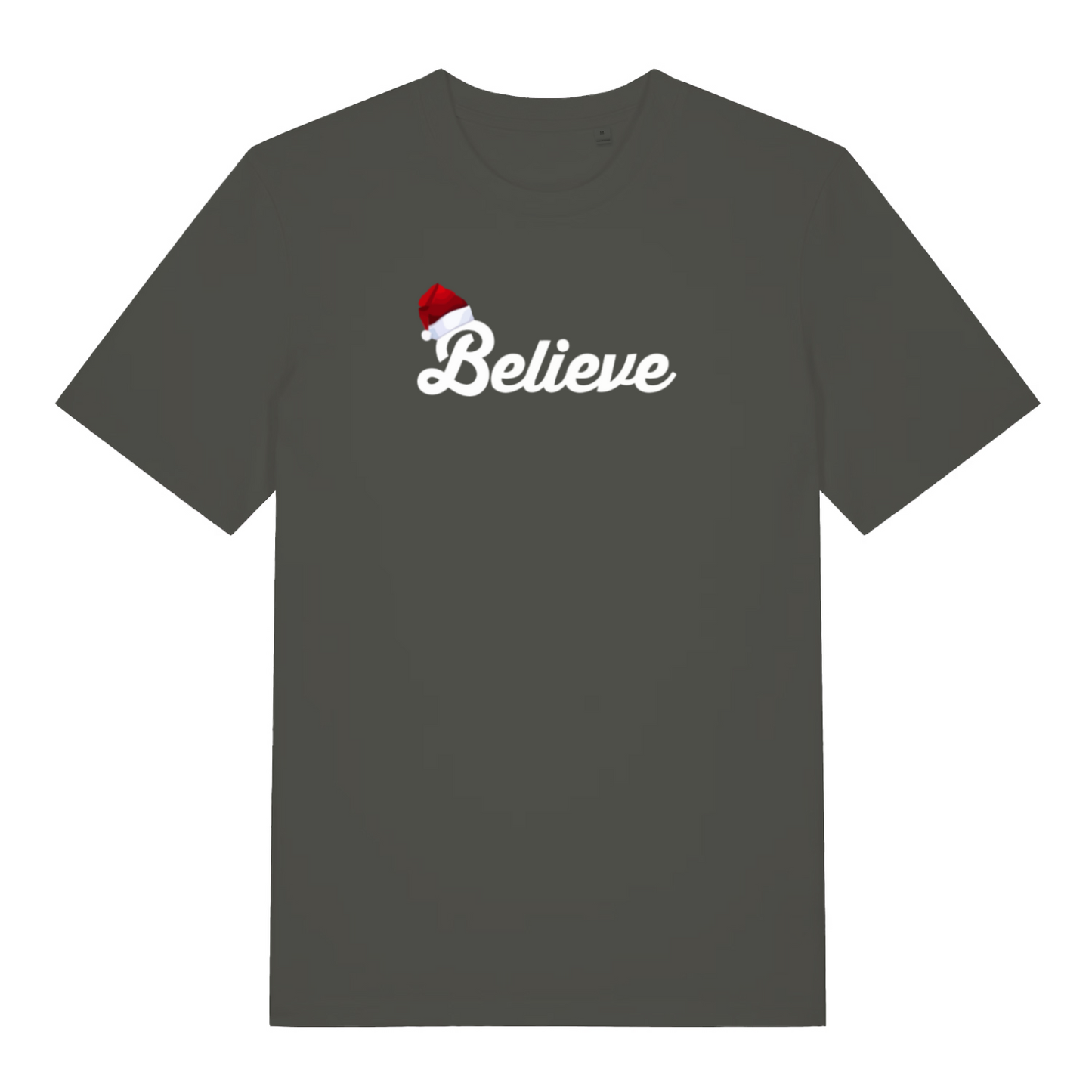 khaki christmas t-shirt with the word 'believe' and a santa hat ontop of the B