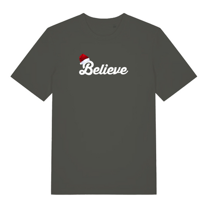 khaki christmas t-shirt with the word 'believe' and a santa hat ontop of the B