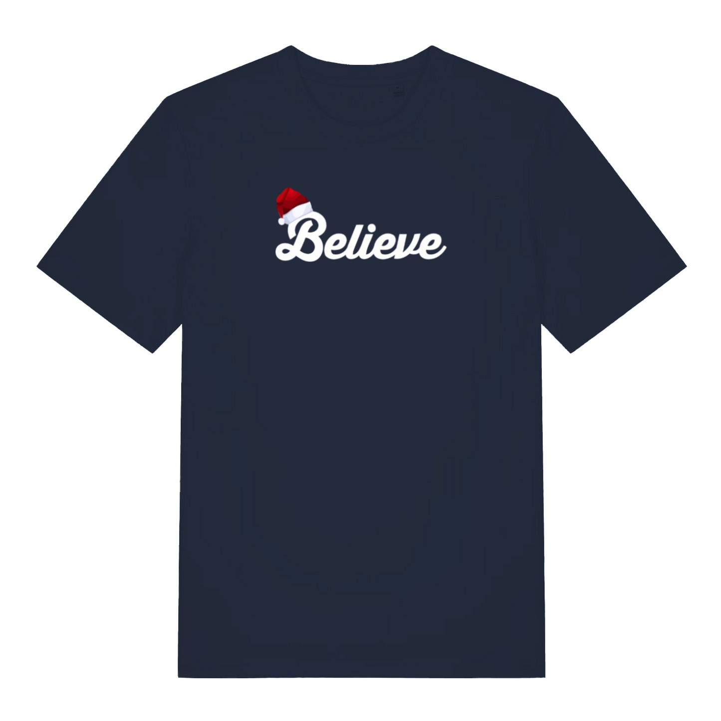 navy christmas t-shirt with the word 'believe' and a santa hat ontop of the B