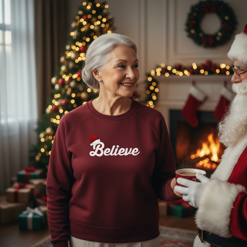 Woman wearing a maroon sweatshirt with 'Believe' text, standing next to Santa Claus in a festive room.
