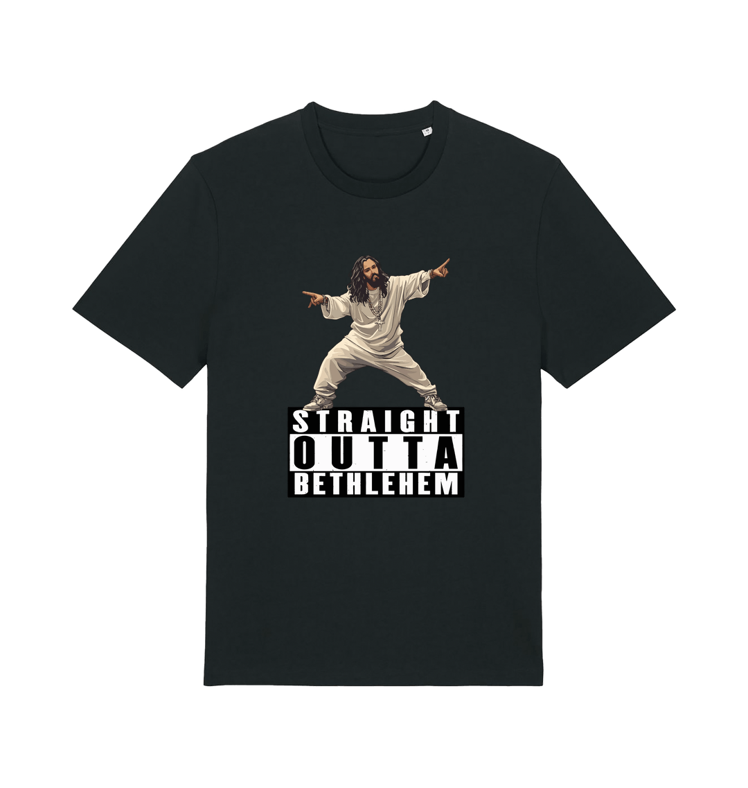 Black funny jesus t-shirt with a graphic of a person in a robe and 'Straight Outta Bethlehem' text 