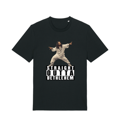 Black funny jesus t-shirt with a graphic of a person in a robe and 'Straight Outta Bethlehem' text 