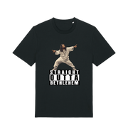 Black funny jesus t-shirt with a graphic of a person in a robe and 'Straight Outta Bethlehem' text 